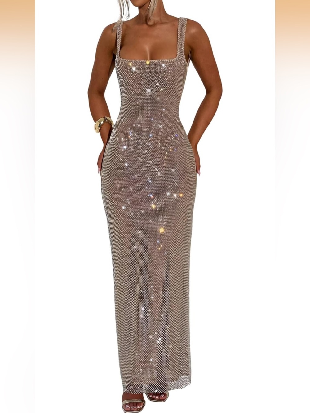 Gold Sequin Embellished Sleeveless Cocktail Party Maxi Occassion Dress